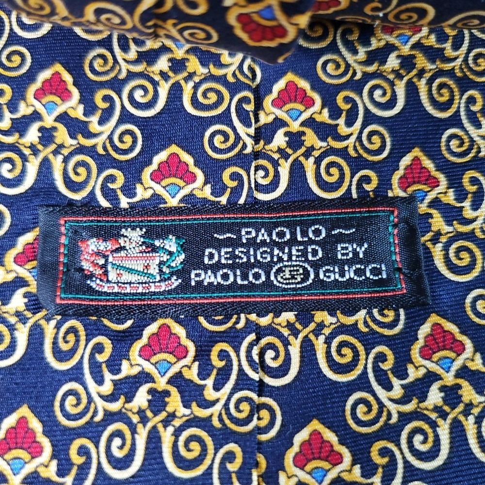 VTG Paolo Gucci Tie Mens Navy Gold Silk Made Italy Baroque Medallion Luxury 80s - Picture 6 of 7